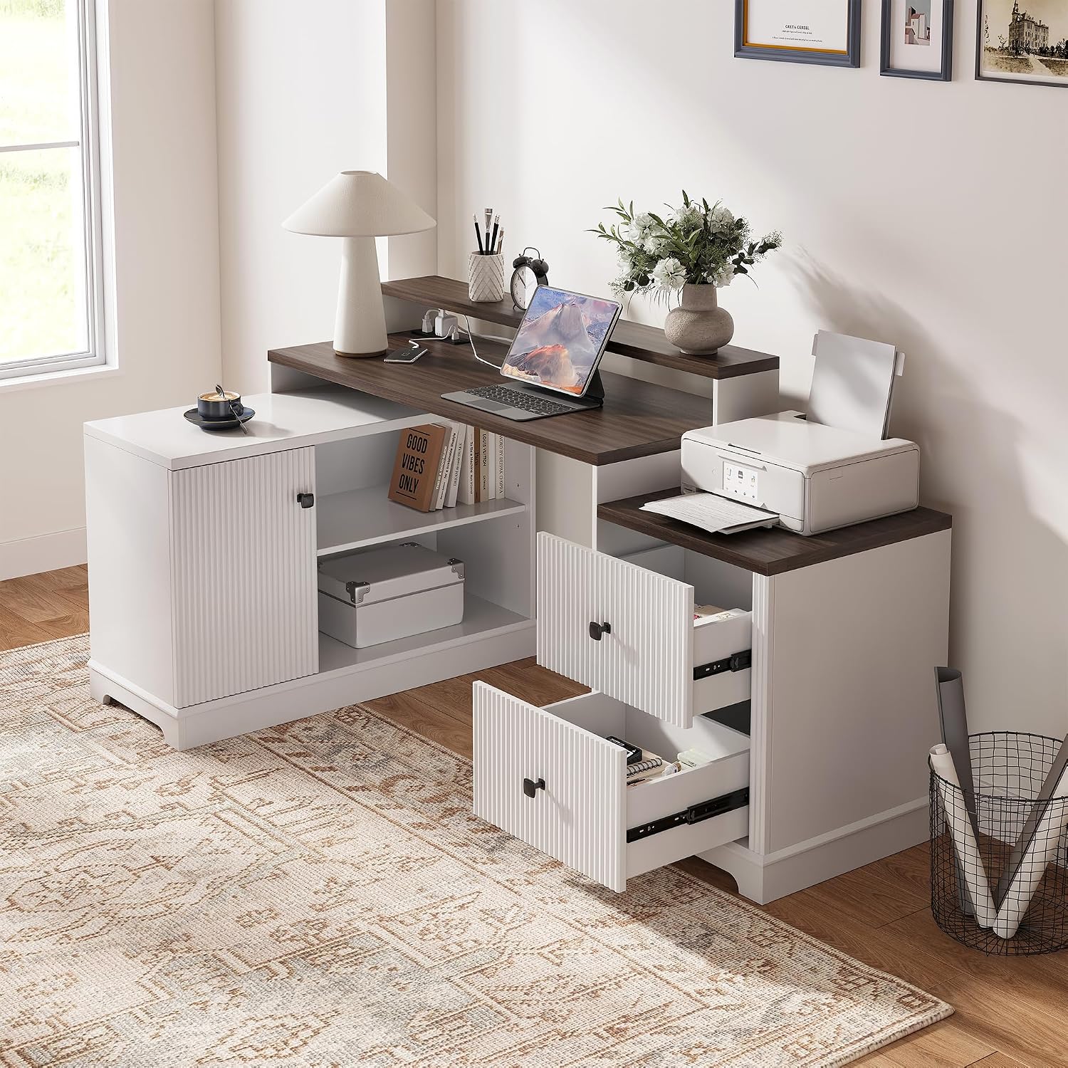 67' L Shaped Executive Desk with Drawers & Storage Shelf, Corner Computer Desk with Power Outlets, Home Office Desk with Monitor Stand, Printer Shelf, Computer Writing Desk for Work, Antique White