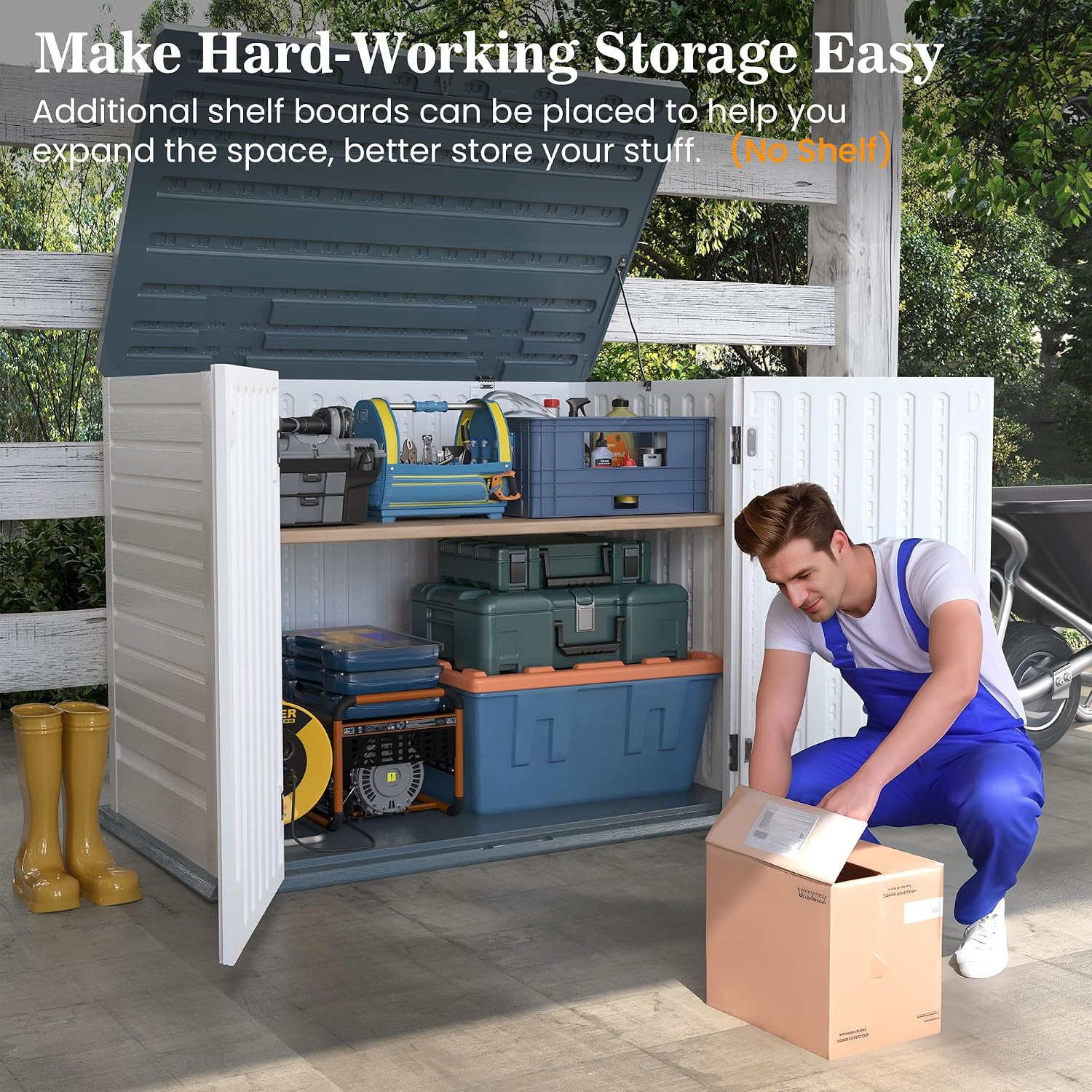Amopatio Premium Resin 35 Cu Ft Outdoor Storage Shed, Horizontal Resin Trash Can Storage, Weather Resistance Outdoor Cabinet W/Lock Shed for Garbage Cans, Garden Tools, Lawn Mowers,Patio,White