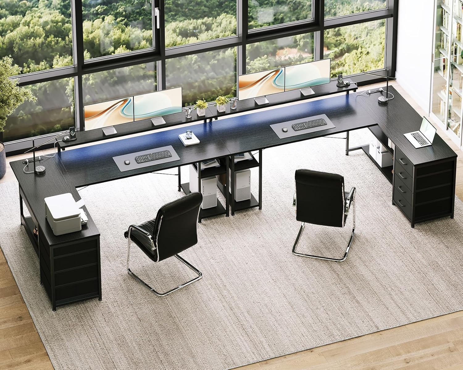 AODK 61' L Shaped Desk with Drawer, Computer Desk with Power Outlets & LED Lights, Reversible Corner Gaming Desk for Home Office Workstation, Office Desk with Monitor Shelf, Pure Black