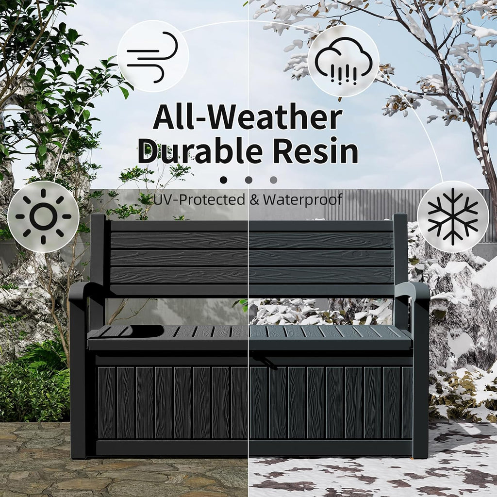 PatioZen 80 Gallon Outdoor Storage Bench Deck Box Waterproof Lockable,Outdoor Storage Furniture for Patio,Garden and Porch,Tools and Cushions（ Black Stripe）
