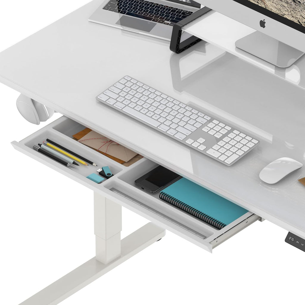 SHW 48x24 Glass Electric Height Adjustable Standing Desk – Motorized Sit Stand Desk with Monitor Riser, Pull-Out Drawer, Memory Presets, White