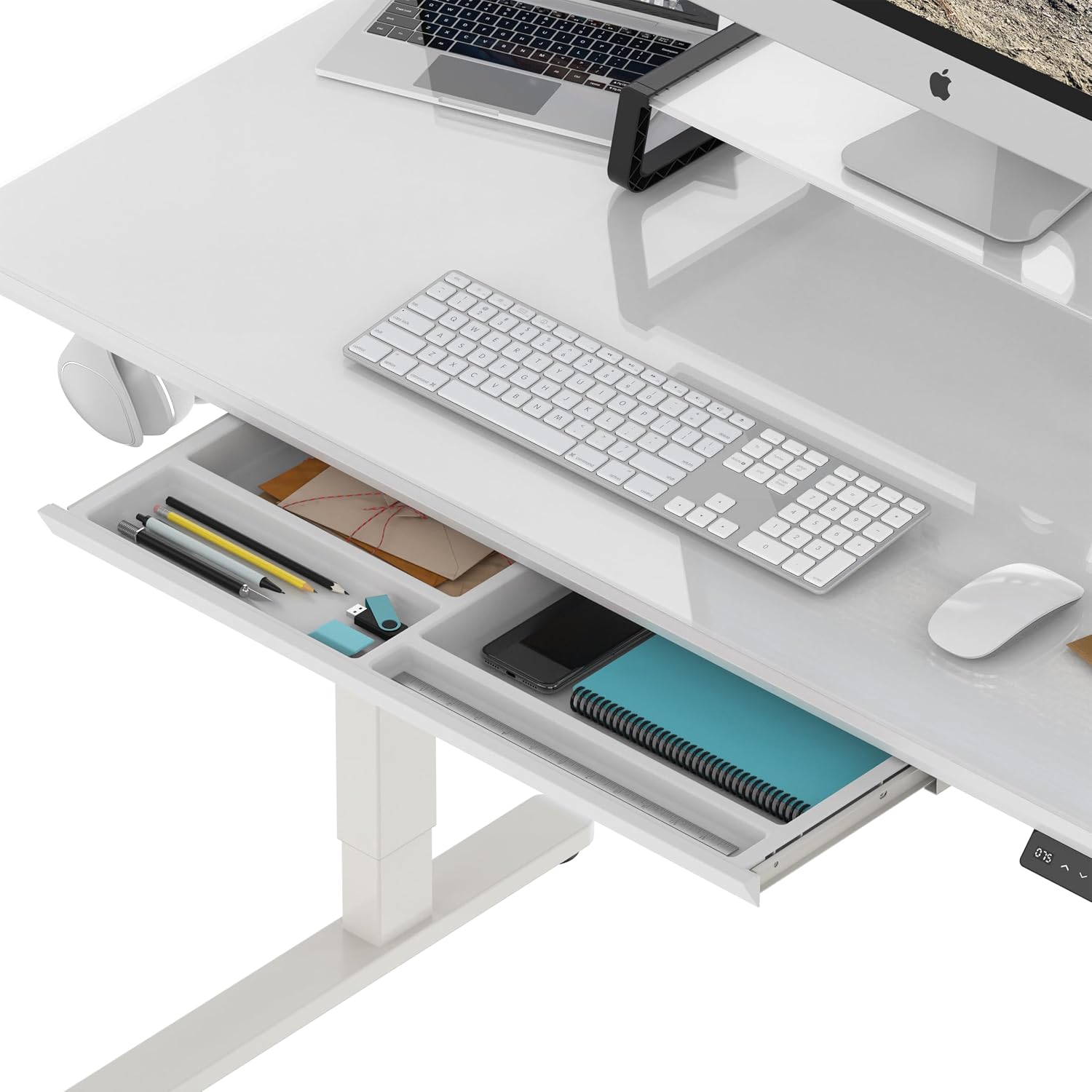SHW 48x24 Glass Electric Height Adjustable Standing Desk – Motorized Sit Stand Desk with Monitor Riser, Pull-Out Drawer, Memory Presets, White