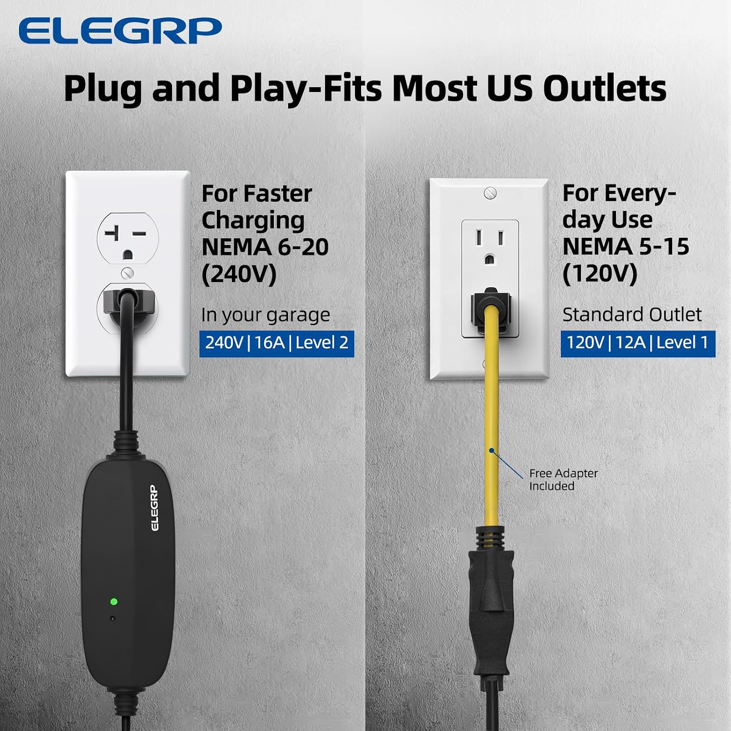 ELEGRP Level 1/2 EV Charger, 16 Amp, Portable J1772 Electric Car Charger, 21FT Cable, NEMA 6-20 & 5-15 Adapter, 110V-240V for BEVs/PHEVs, PBE & LRC Technology