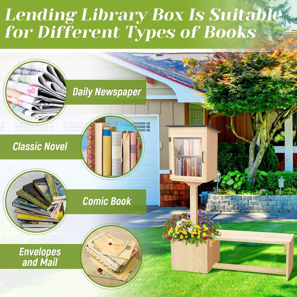 Wonderjune Little Library Box Outdoor with Bench Set, Durable Weatherproof Solid Wood Exchange Box with Floor Plugs and Flower Fence for Neighborhoods, Community, School(Wood)