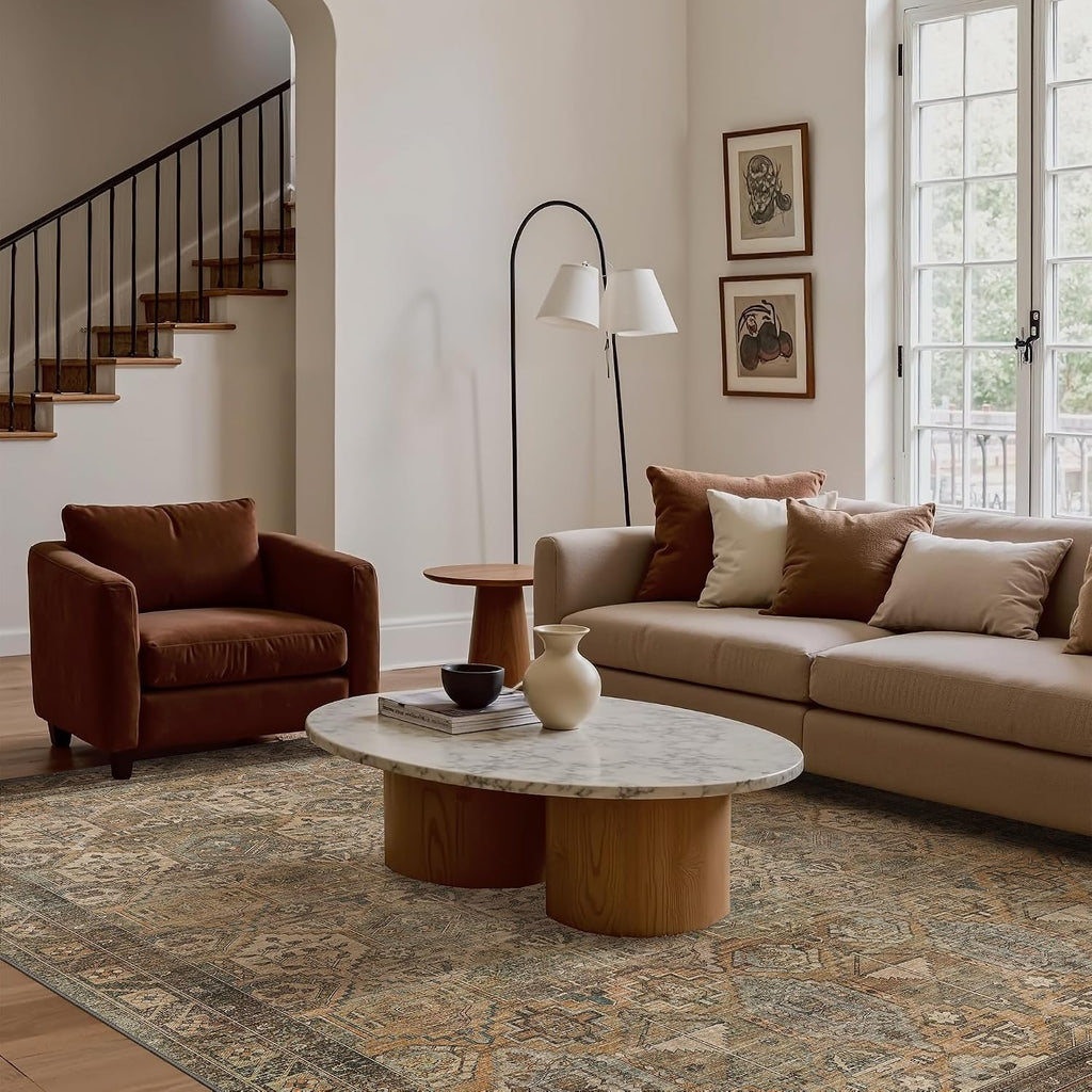 Bavni Washable Rug 10x14 Area Rug for Living Room Bedroom Dining, Washable Vintage Print Carpet, Ultra-Thin Chenille Low Pile Lightweight Rug with Non Slip Backing, Warm Taupe