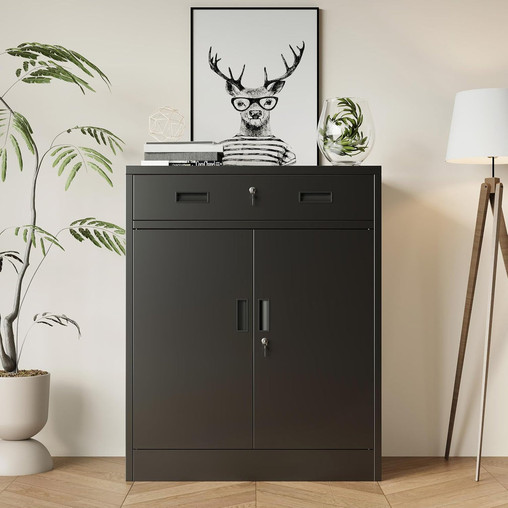 BESFUR Metal Storage Cabinet with Doors and Shelves, 36' H Locking Storage Cabinet with 1 Drawers, Reinforced Heavy Duty Metal Cabinets for Garage, Office, Home(Black)