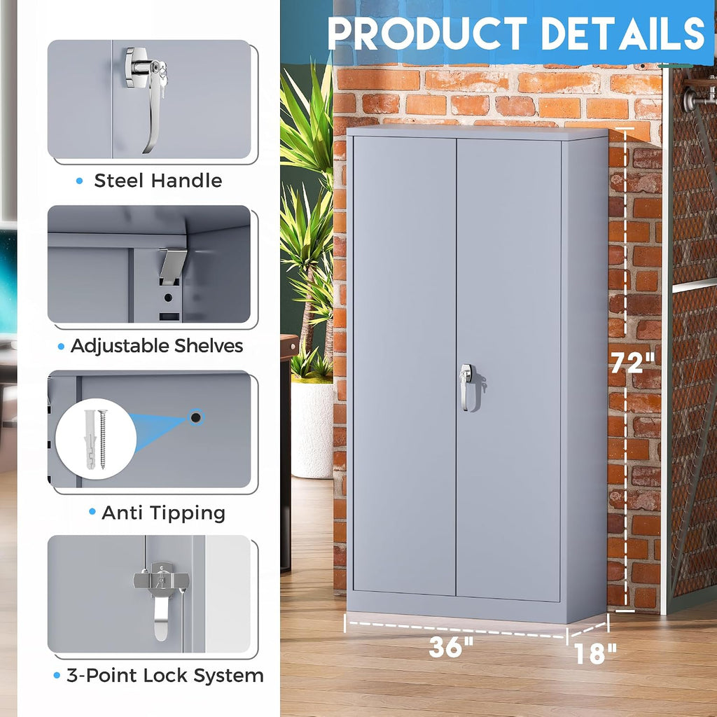 Greenvelly Metal Storage Cabinet with Doors, 72' Lockable Steel Garage Storage Cabinet with Shelves, Dark Grey 36' W x 18' D