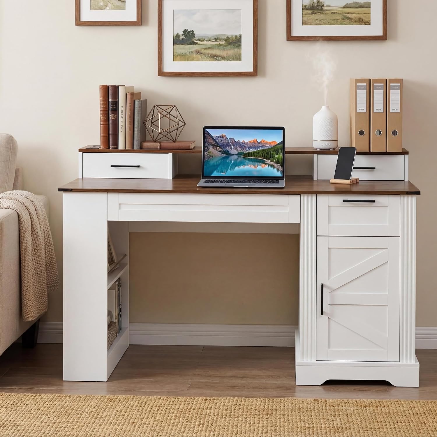 55' Farmhouse Office Desk with Storage Cabinet & Drawers, Computer Writing Desk with Power Outlet, Monitor Stand & Pegboard, Built-in Shelves and Keyboard Tray for Study, Home Office (White-01)