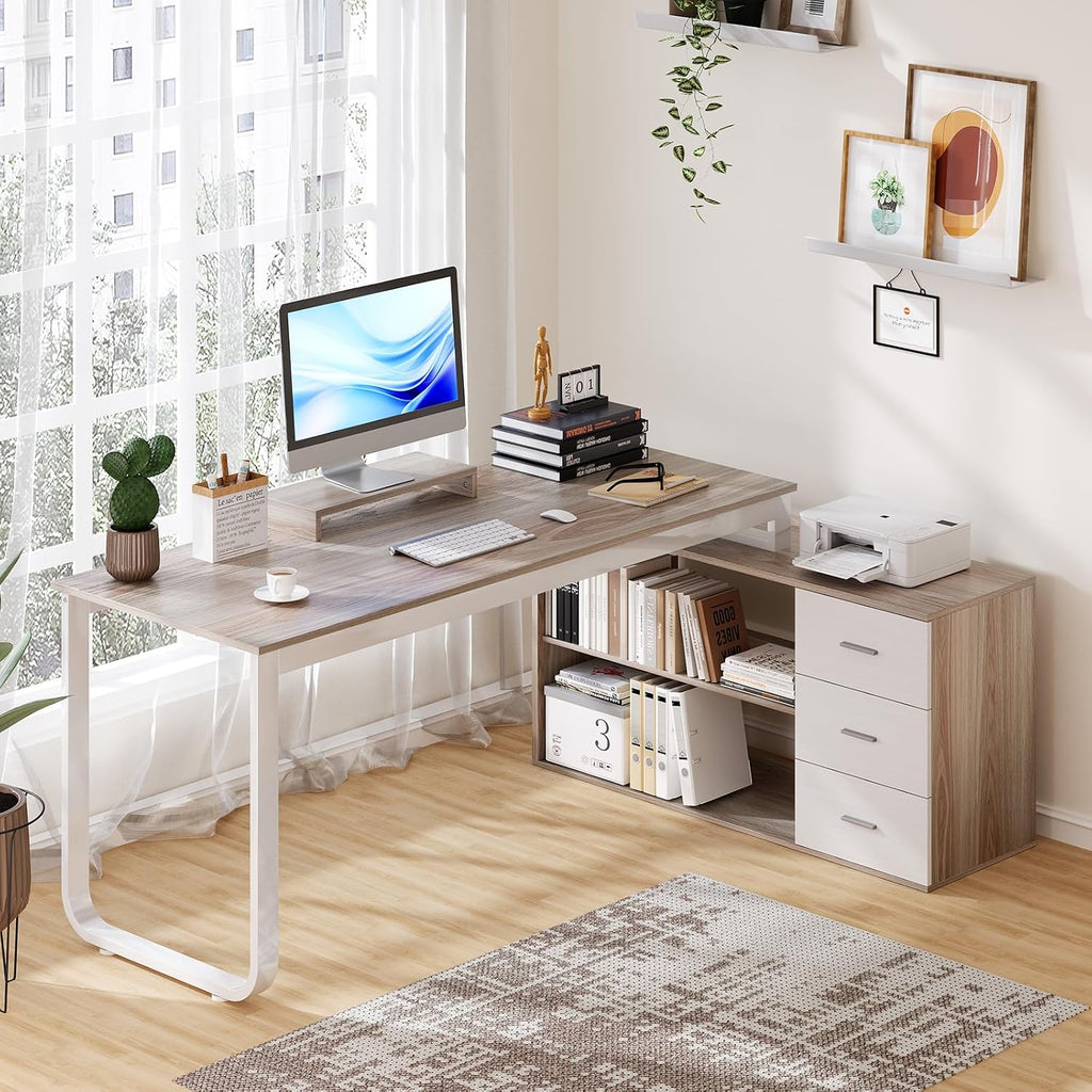 HOMBCK L Shaped Desk with Drawers and Shelves, 55' Office Desk with Storage, Removable Monitor Stand, Reversible L Shaped Desk, Corner Desk for Bedroom,Home Office, White & Walnut