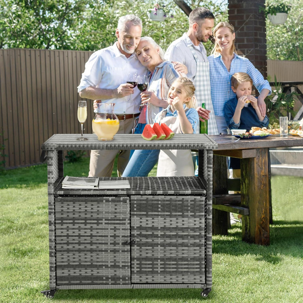 HOMEFUN Outdoor Grill Carts with Storage Cabinet - Outside Bar Cart with Wheels Wicker Patio Kitchen Island Table Weatherproof Prep Stand, Grey