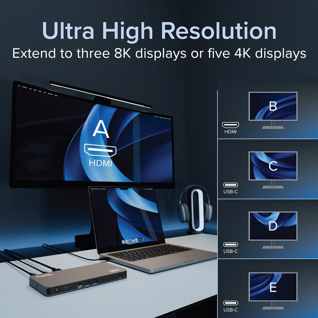 Plugable 5 Monitor USB-C Docking Station with 140W Power + 3X USB-C to DisplayPort 4K@60Hz Cables (6ft) – Complete Multimonitor Dock Bundle for Mac and Windows