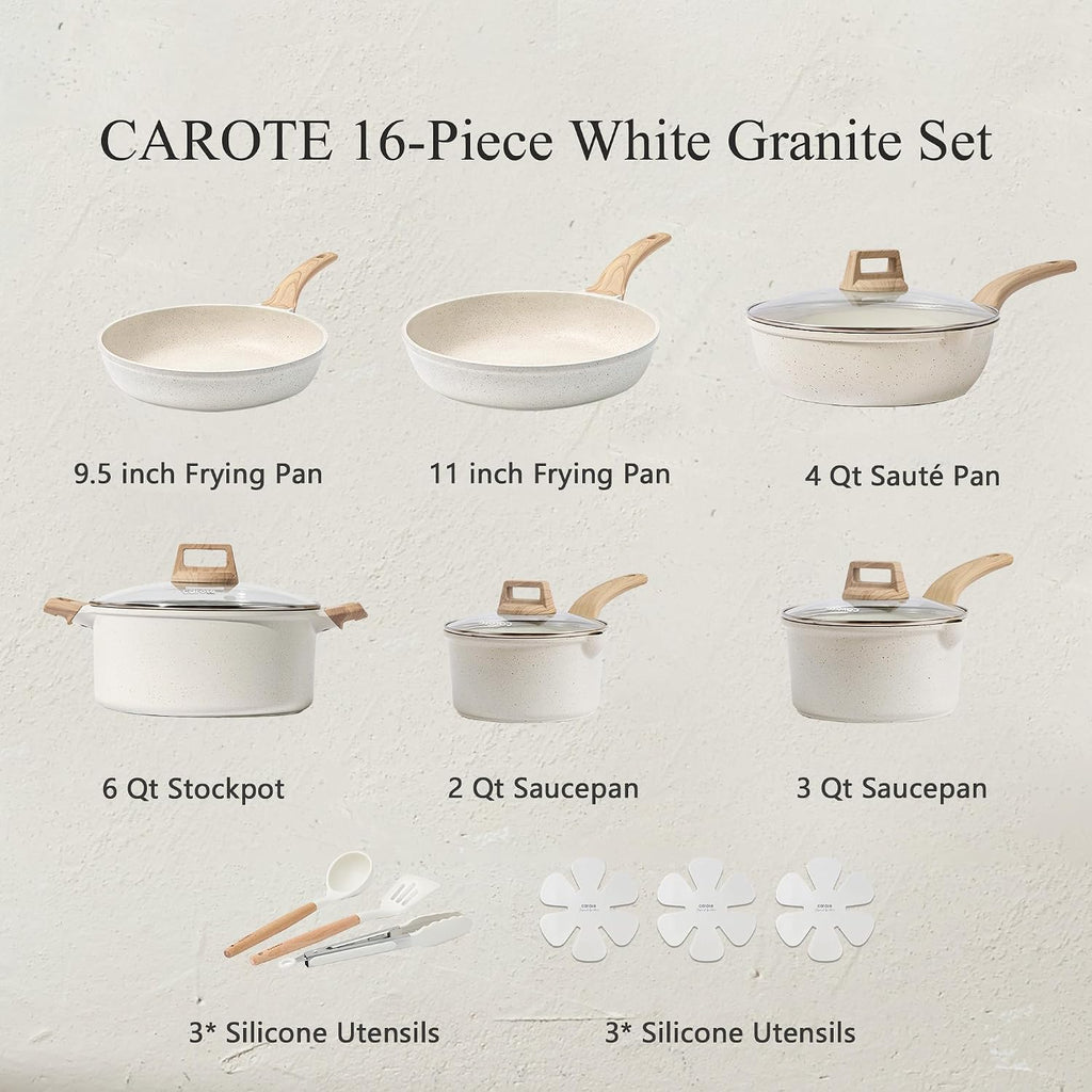 CAROTE 16 Piece Pots and Pans Set Nonstick, White Granite Cookware Sets Induction Cookware, Non Stick Cooking Set w/Frying Pans & Saucepans (PFOS, PFOA Free)