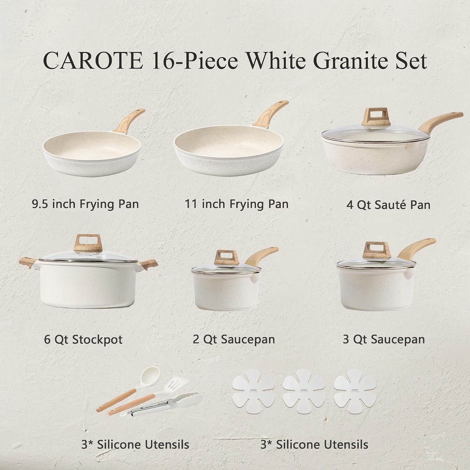 CAROTE 16 Piece Pots and Pans Set Nonstick, White Granite Cookware Sets Induction Cookware, Non Stick Cooking Set w/Frying Pans & Saucepans (PFOS, PFOA Free)