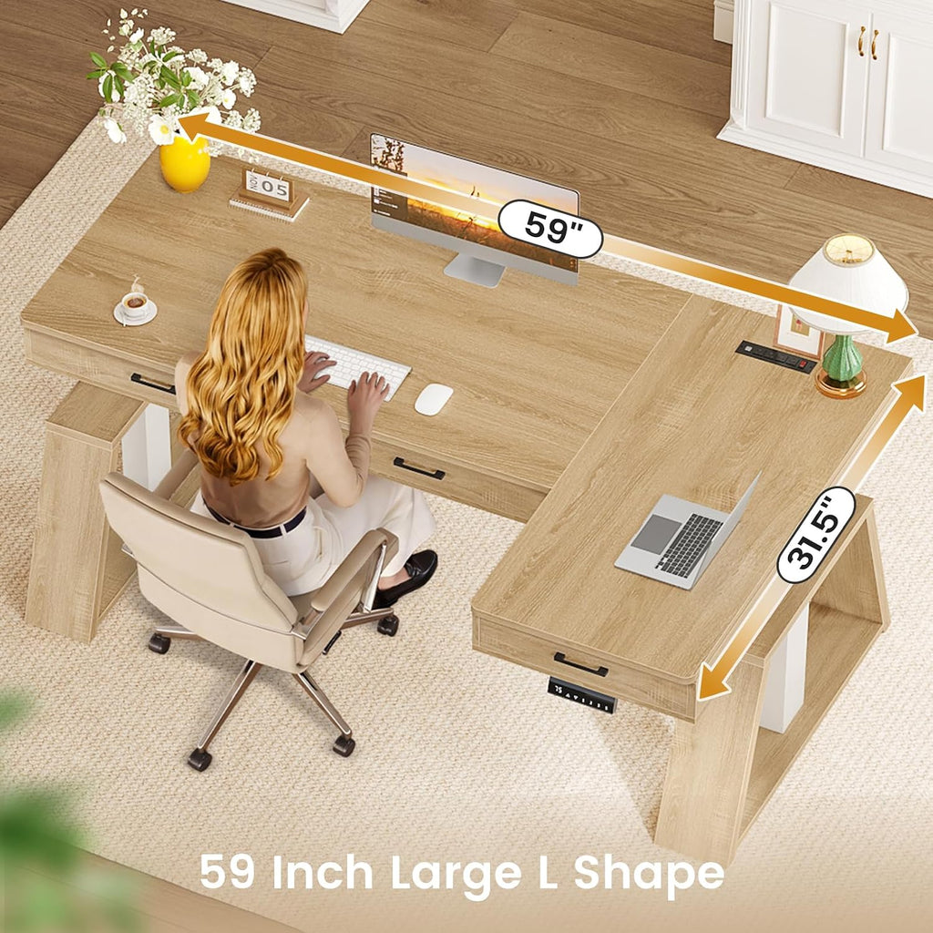 SEDETA 59 Inch L Shaped Electric Standing Desk with Drawers, Executive Adjustable Desk with Power Outlets, Sit Stand Computer Table for Home Office, Oak