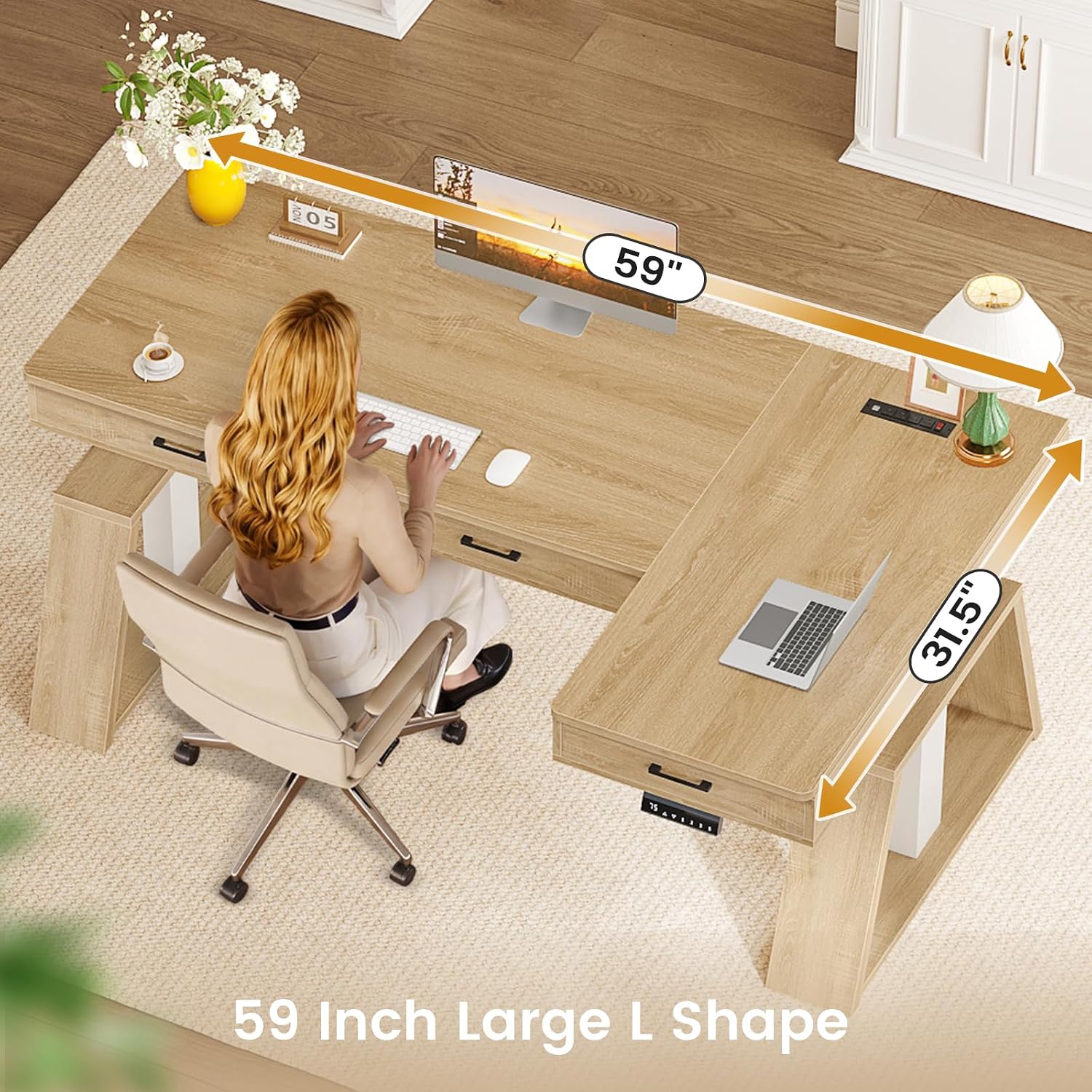 SEDETA 59 Inch L Shaped Electric Standing Desk with Drawers, Executive Adjustable Desk with Power Outlets, Sit Stand Computer Table for Home Office, Oak