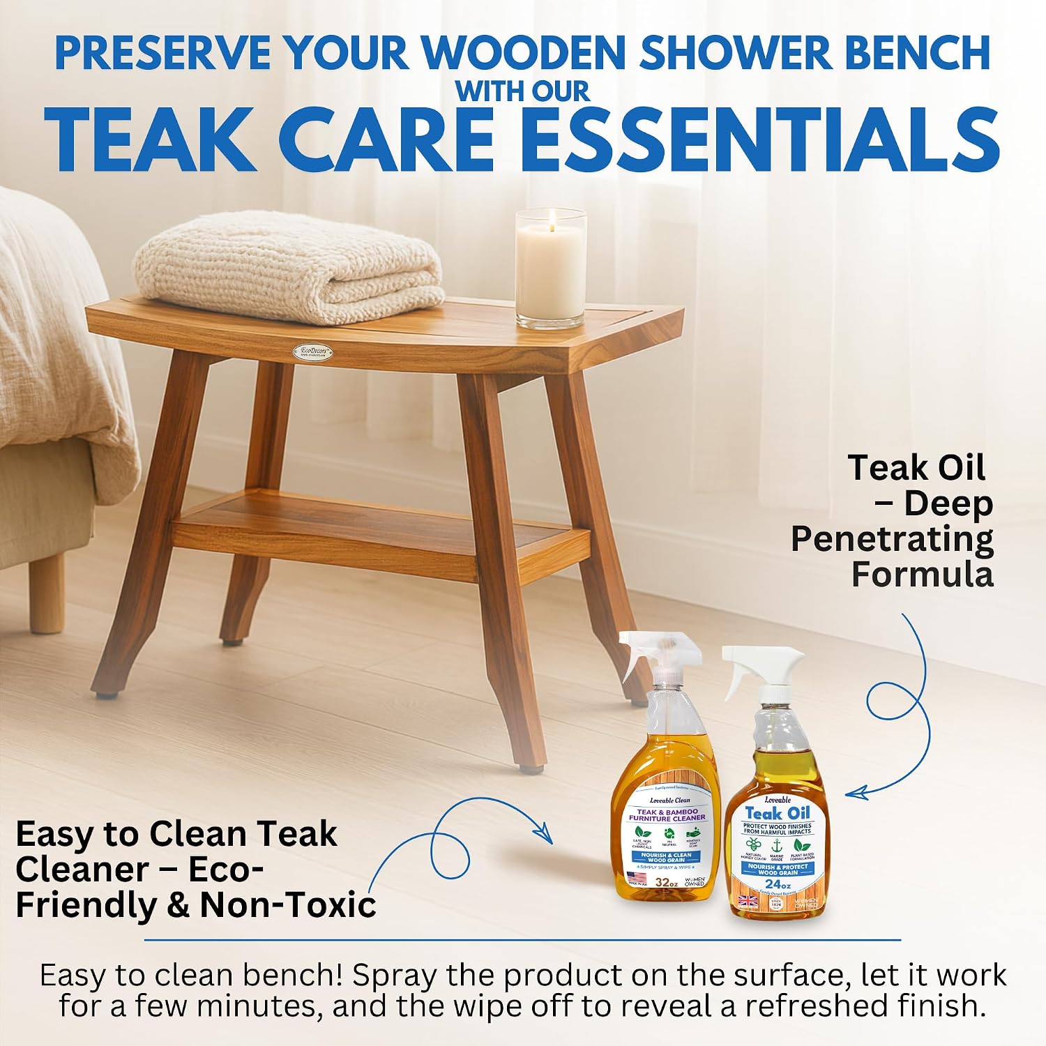 EcoDecors, 24 inch, Brown, Teak Shower Bench, Teak Bench Shower, Teak Shower Bench for Inside Shower, Teak Bathroom Bench, Teak Wood Shower Bench