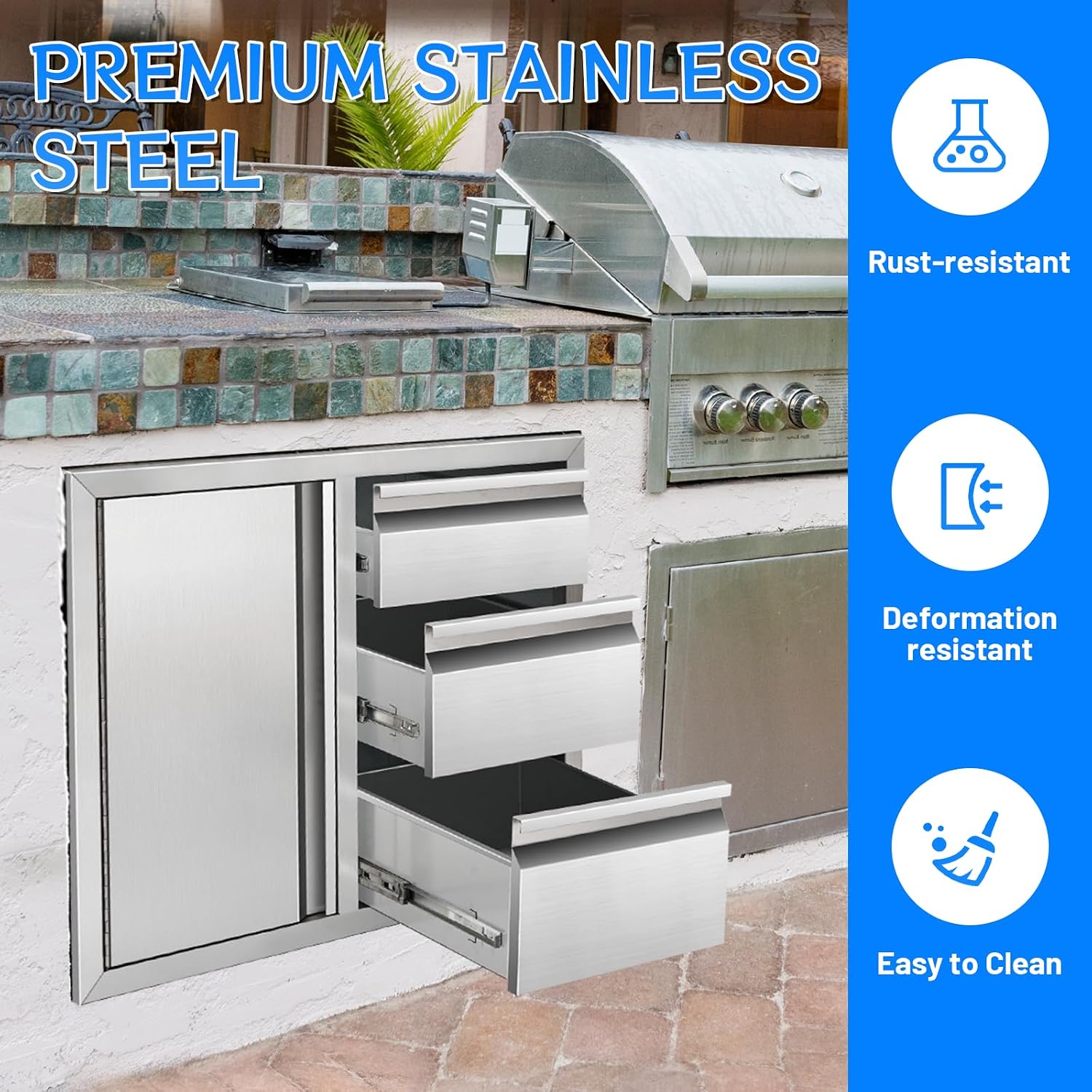 Outdoor Kitchen Drawer Combo Cabinet, Stainless Steel Triple Drawers with Integrated Access Door, 28' W x 22' H x 19.5' D Outdoor Built-in Cabinet for BBQ Island Grill Stations