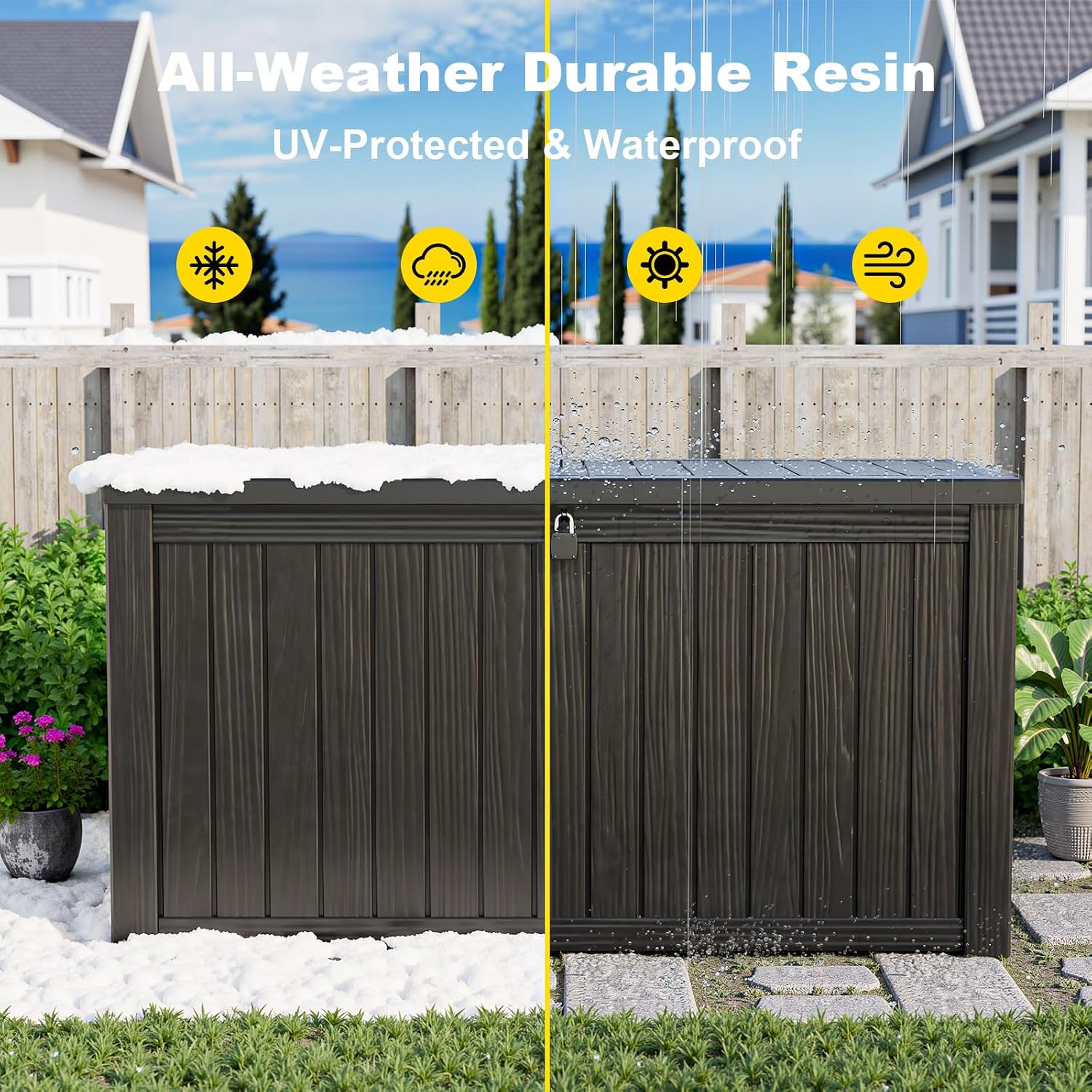 ROJIK 180 Gallon Outdoor Storage Box Waterproof-Patio Furniture Resin Deck Box, Garden Tools, Cushions, Pool Accessories Storage Bench with Lockable Lid and Side Handles (Black, 180 Gal)