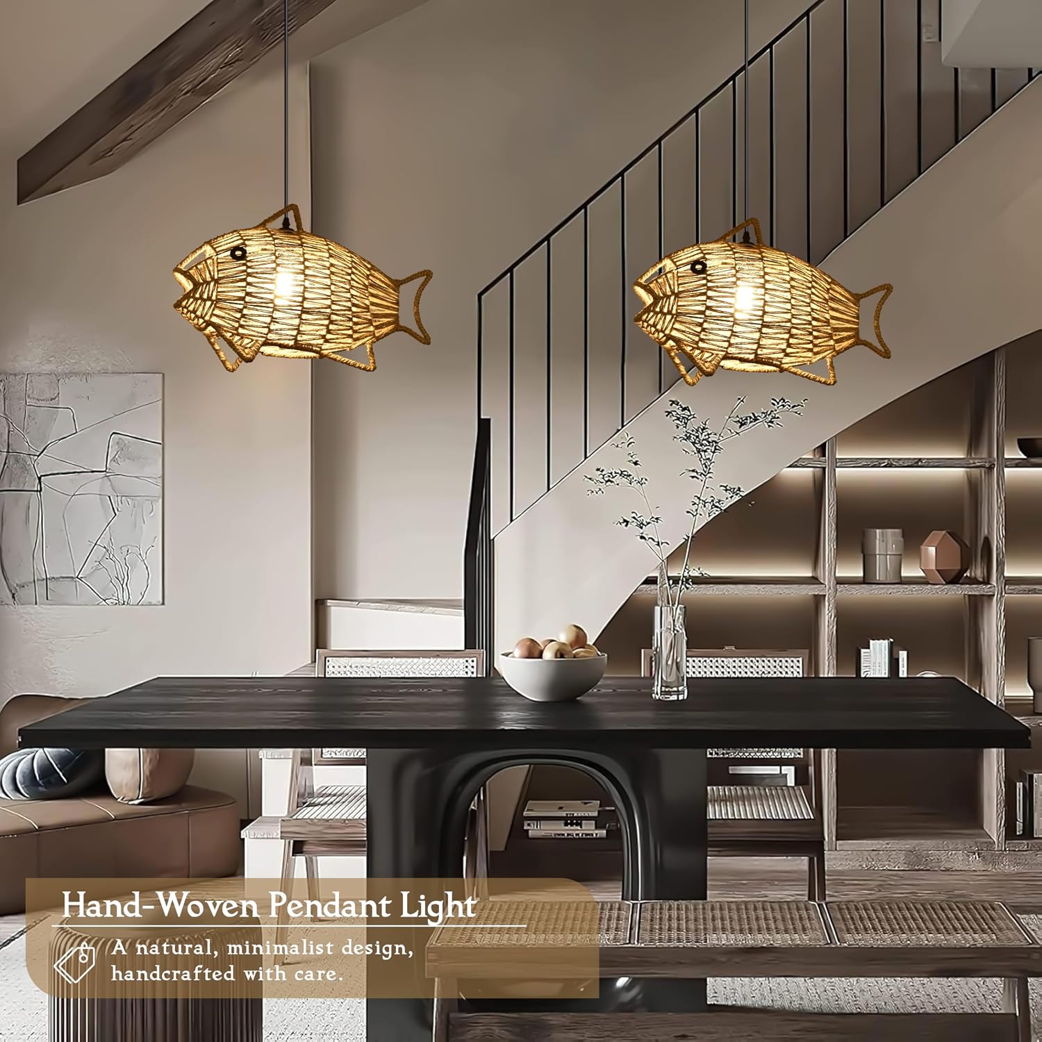 Woven Pendant Light Boho Chandelier Fish-Shaped Rustic Farmhouse Chandelier Hemp Rope Light Rattan Light Fixture for Dining Room Living Room Bedroom Kitchen Foyer(Bulb Included)