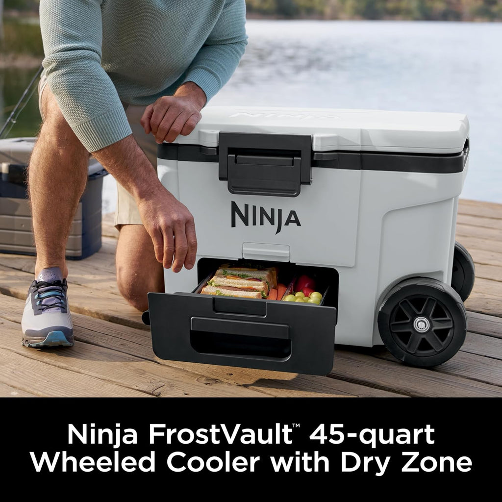 Ninja | Cooler | FrostVault 45QT Cooler with Wheels | Insulated with Temp Dry Storage Drawer | Keeps Ice Cold for Days | for the Beach, Camping, Picnics & More | Cloud White | FB245WH