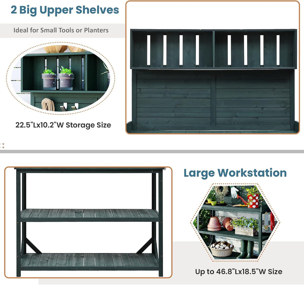 Farmhouse Rustic Outdoor Potting Bench Table, 65' Large Wooden Garden Potting Bench with 4 Storage Shelves and Side Hook, Spacious Patio Workstation