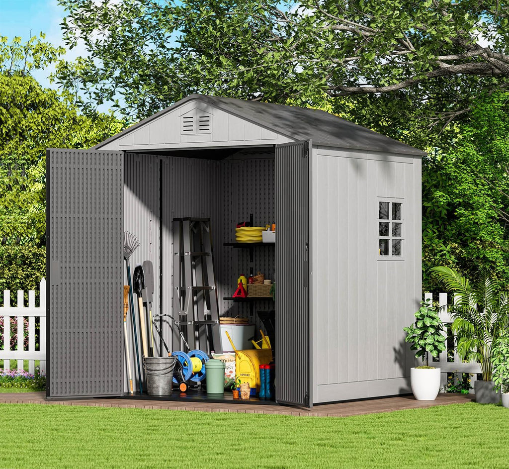 KINYING 6x6 FT Outdoor Storage Shed,Resin Clearance Outdoor Sheds with Floor,Weather Resistant Garden Tool Plastic Shed with Window for Backyard, Garden, Patio, Lawn,Lockable