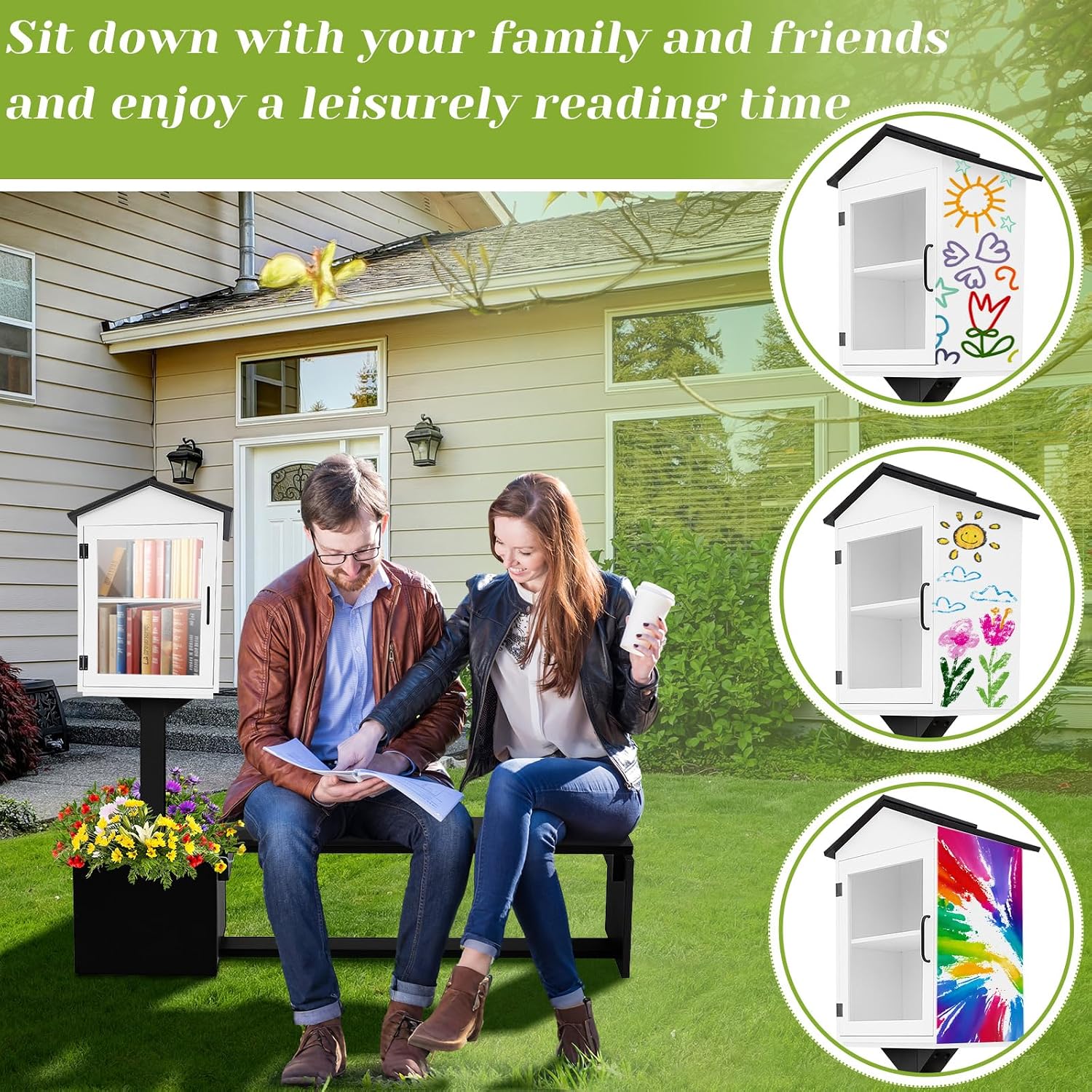 Wonderjune Little Library Box Outdoor with Bench & Planter DIY Paintable Lending Free Library Solid Pine Wood Neighborhood Share Box Ground Mount Kit for Yard Garden Community School(Black and White)
