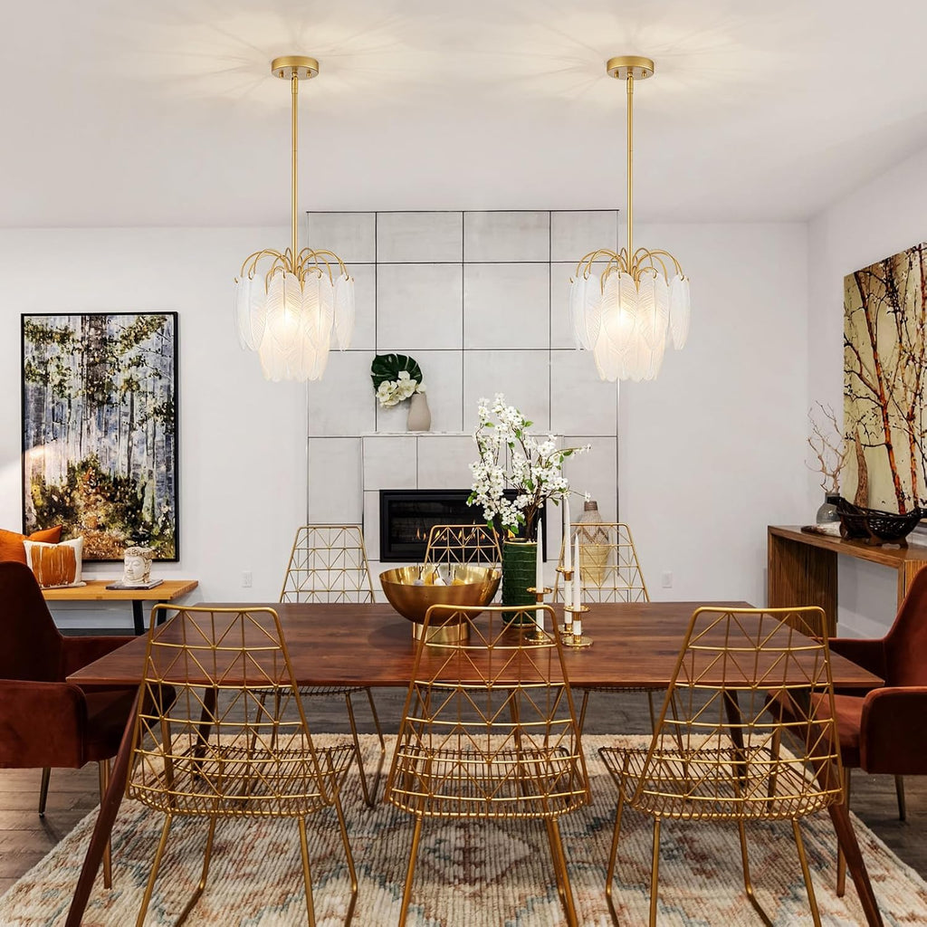 LumFurn D12in Glass Chandeliers, 3-Light Modern Pendant Light Fixture for Kitchen, Dining Room, Living Room, D12x18~47in Adjustable Height, Frosted Glass Feather Shade & Gold Finish Frame