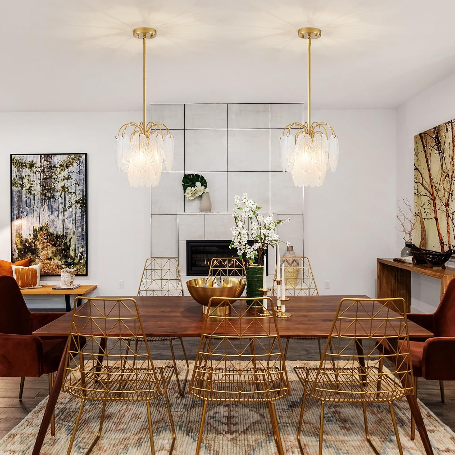 LumFurn D12in Glass Chandeliers, 3-Light Modern Pendant Light Fixture for Kitchen, Dining Room, Living Room, D12x18~47in Adjustable Height, Frosted Glass Feather Shade & Gold Finish Frame