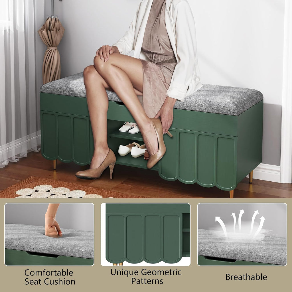 3More 40' Entryway Shoe Storage Bench,Upholstered Hidden Space Beneath Seat Cushion Bench,2-Tier Unique Geometric Shape with Wood Grain,Green