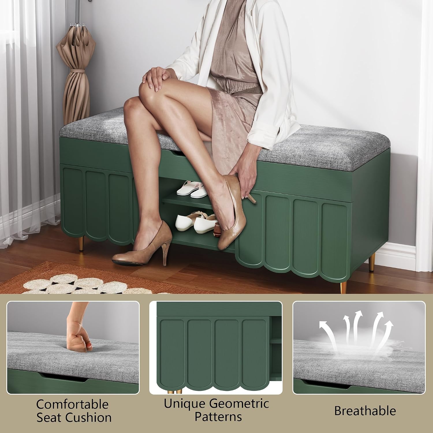 3More 40' Entryway Shoe Storage Bench,Upholstered Hidden Space Beneath Seat Cushion Bench,2-Tier Unique Geometric Shape with Wood Grain,Green
