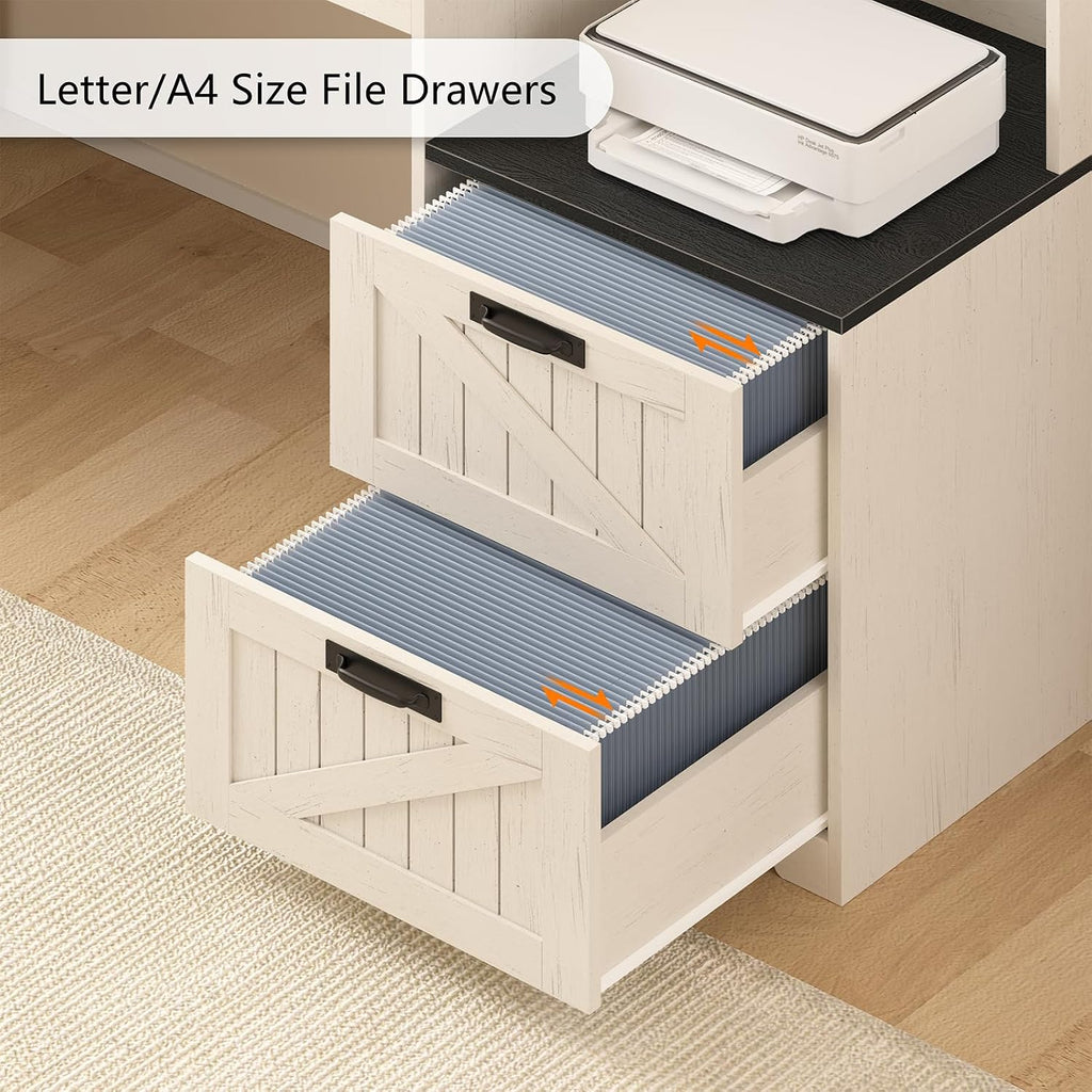 TVU Farmhouse L Shaped Desk with Drawers, 62.2' Home Office Desk with Storage Shelves and Power Outlet, L Shaped Computer Desk with Monitor Stand and Printer Shelf, Black and White