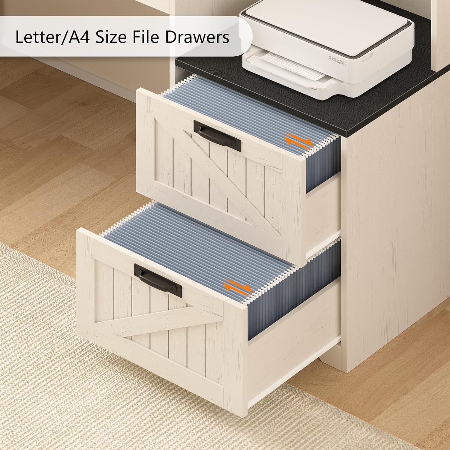 TVU Farmhouse L Shaped Desk with Drawers, 62.2' Home Office Desk with Storage Shelves and Power Outlet, L Shaped Computer Desk with Monitor Stand and Printer Shelf, Black and White