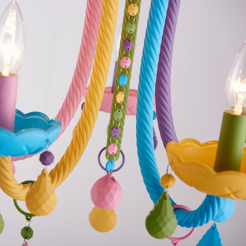 5-Light Children Candle Chandeliers, Modern Candy Design Flush Mount Close to Ceiling Light for Bedroom, Dining Room, Kitchen, Bathroom, D22 × H16 inch, Macaron Colorful Finish & K9 Crystal