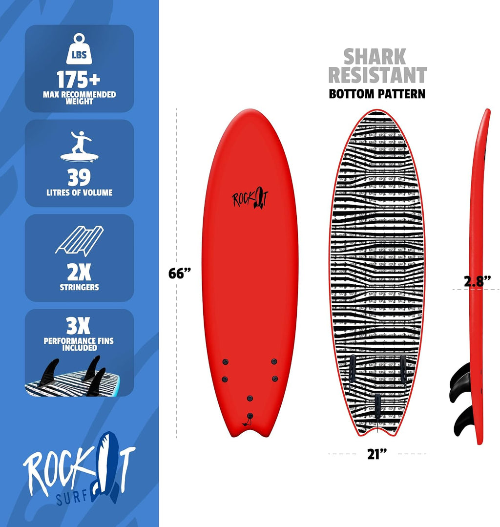 Rock-It 6' Albert Performance Fish Soft Top Surfboard Surf Board, Foam Surfboard, Kids Surfboard, Adult Surfboard, Tabla De Surf, Beginner Surfboard