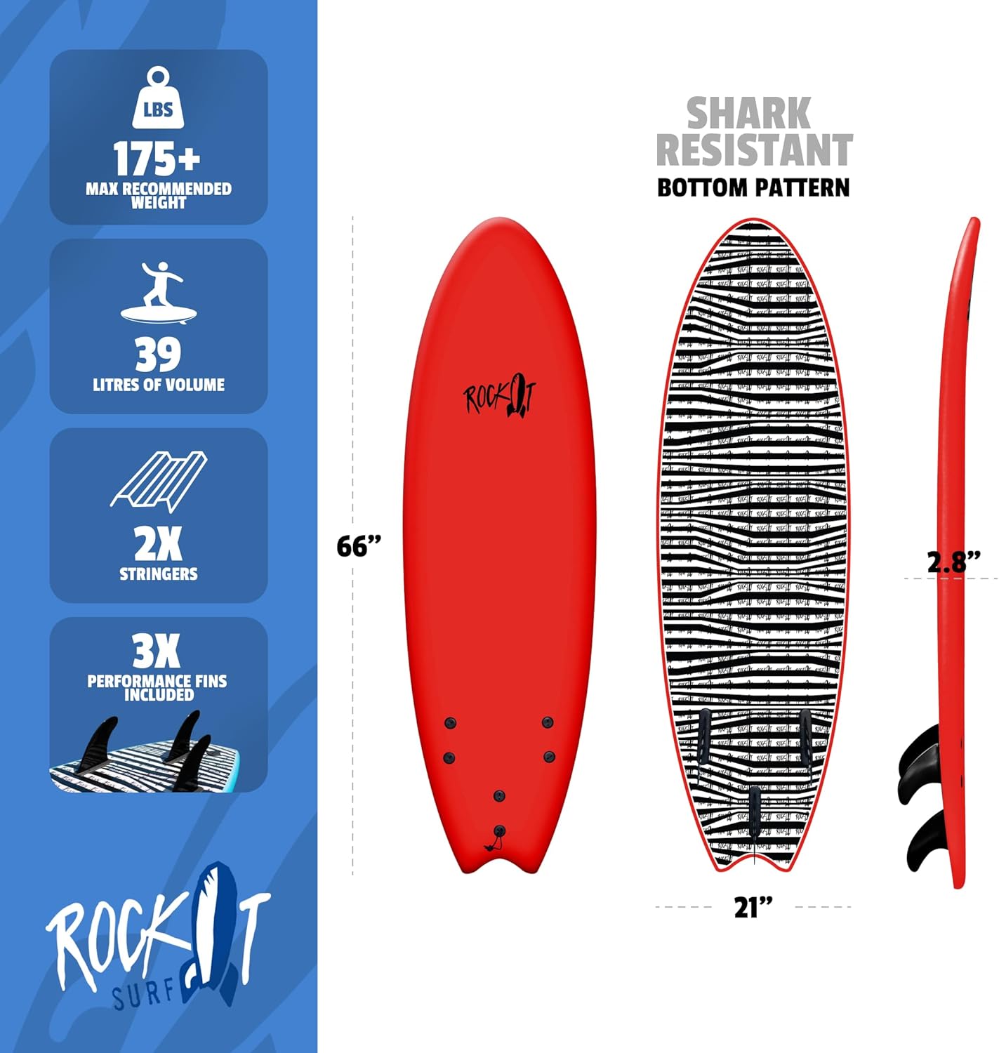 Rock-It 6' Albert Performance Fish Soft Top Surfboard Surf Board, Foam Surfboard, Kids Surfboard, Adult Surfboard, Tabla De Surf, Beginner Surfboard