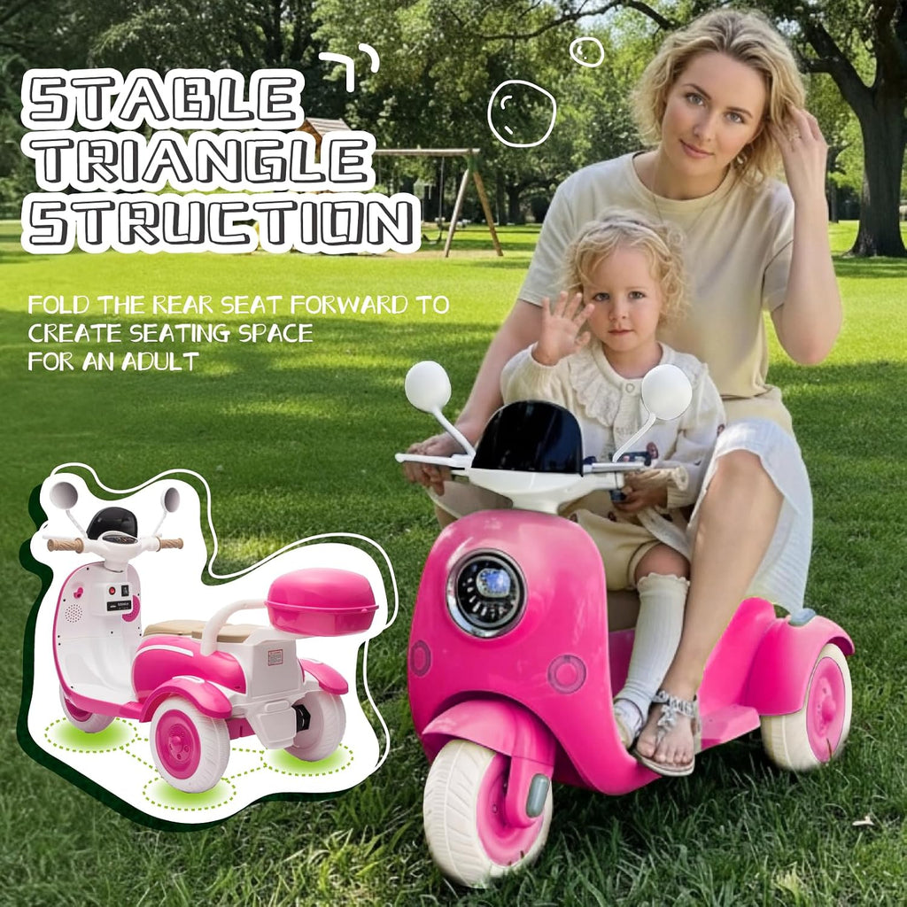 HEIMILI 12V 2-Seater Ride on Motorcycle for Kids, 3 Wheel Electric Motorbike with Dual 25W Motors, Toddler Moped Scooter with Bluetooth Music, Battery Powered Toy for Girls Boys 3-6 Years, Rose