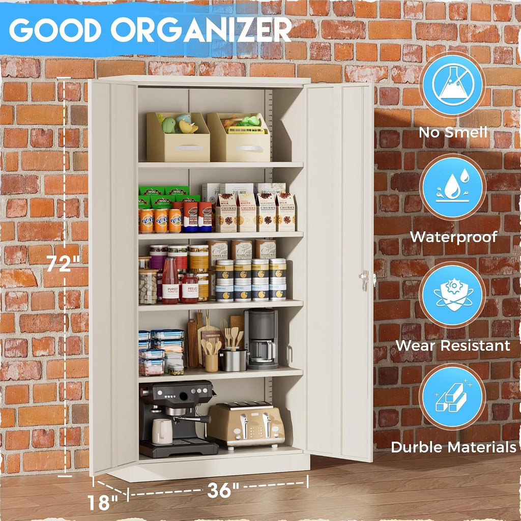 Greenvelly Garage Storage Cabinet,72' Metal Cabinet with 2 Doors and 4 Shelves,Steel File Cabinet for Home Office, Garage, Classroom（Grey 36' X 18'）
