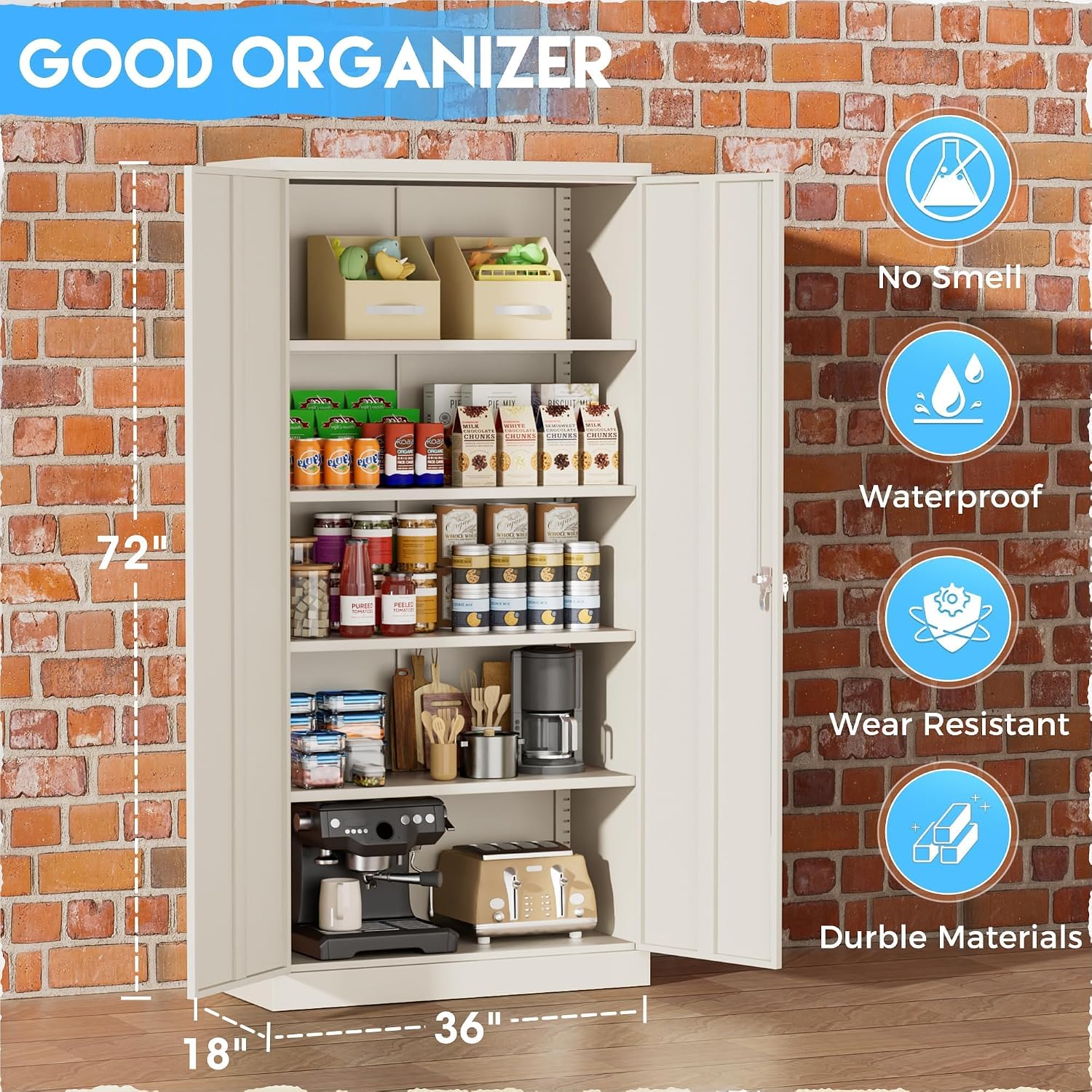 Greenvelly Garage Storage Cabinet,72' Metal Cabinet with 2 Doors and 4 Shelves,Steel File Cabinet for Home Office, Garage, Classroom（Grey 36' X 18'）