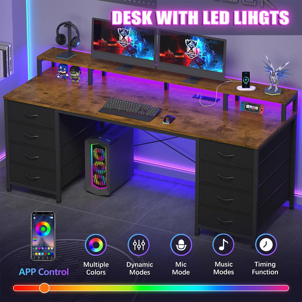 YOMILUVE 60 Inch Computer Desk with 8 Fabric Drawers, Gaming Desk with LED Lights & Power Outlets, Home Office Desk with Monitor Stand, Rustic Brown