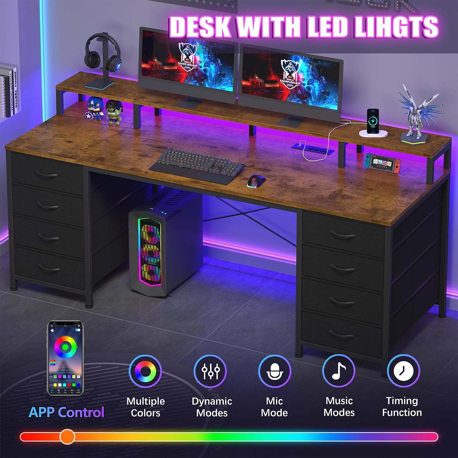 YOMILUVE 60 Inch Computer Desk with 8 Fabric Drawers, Gaming Desk with LED Lights & Power Outlets, Home Office Desk with Monitor Stand, Rustic Brown