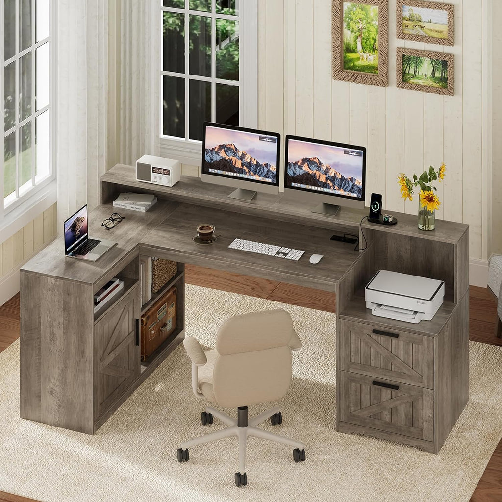 TVU Farmhouse L Shaped Desk with Drawers, 62.2' Home Office Desk with Storage Shelves and Power Outlet, L Shaped Computer Desk with Monitor Stand and Printer Shelf, Gray