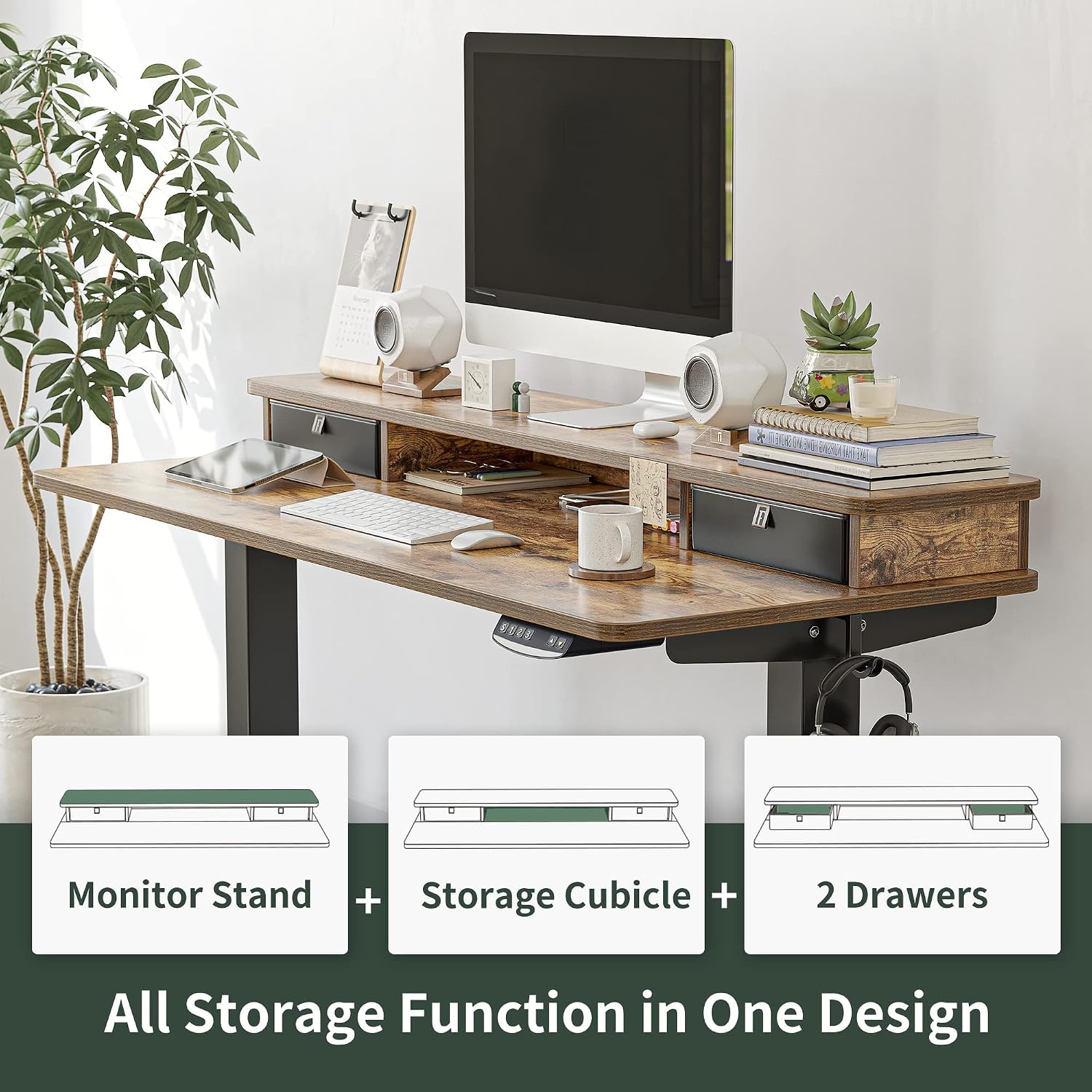 FEZIBO 48 x 24 Inch Height Adjustable Electric Standing Desk with Double Drawer, Stand Up Table with Storage Shelf, Sit Stand Desk, Rustic Brown