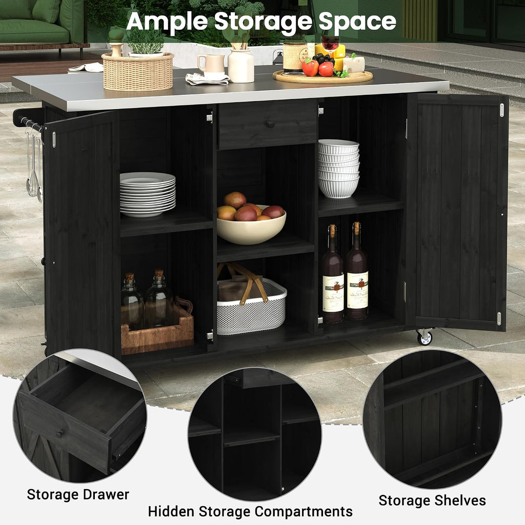 52.25' W Outdoor Kitchen Island Patio Grill Cart with Stainless Steel Tabletop, Storage Cabinet for BBQ, Bar