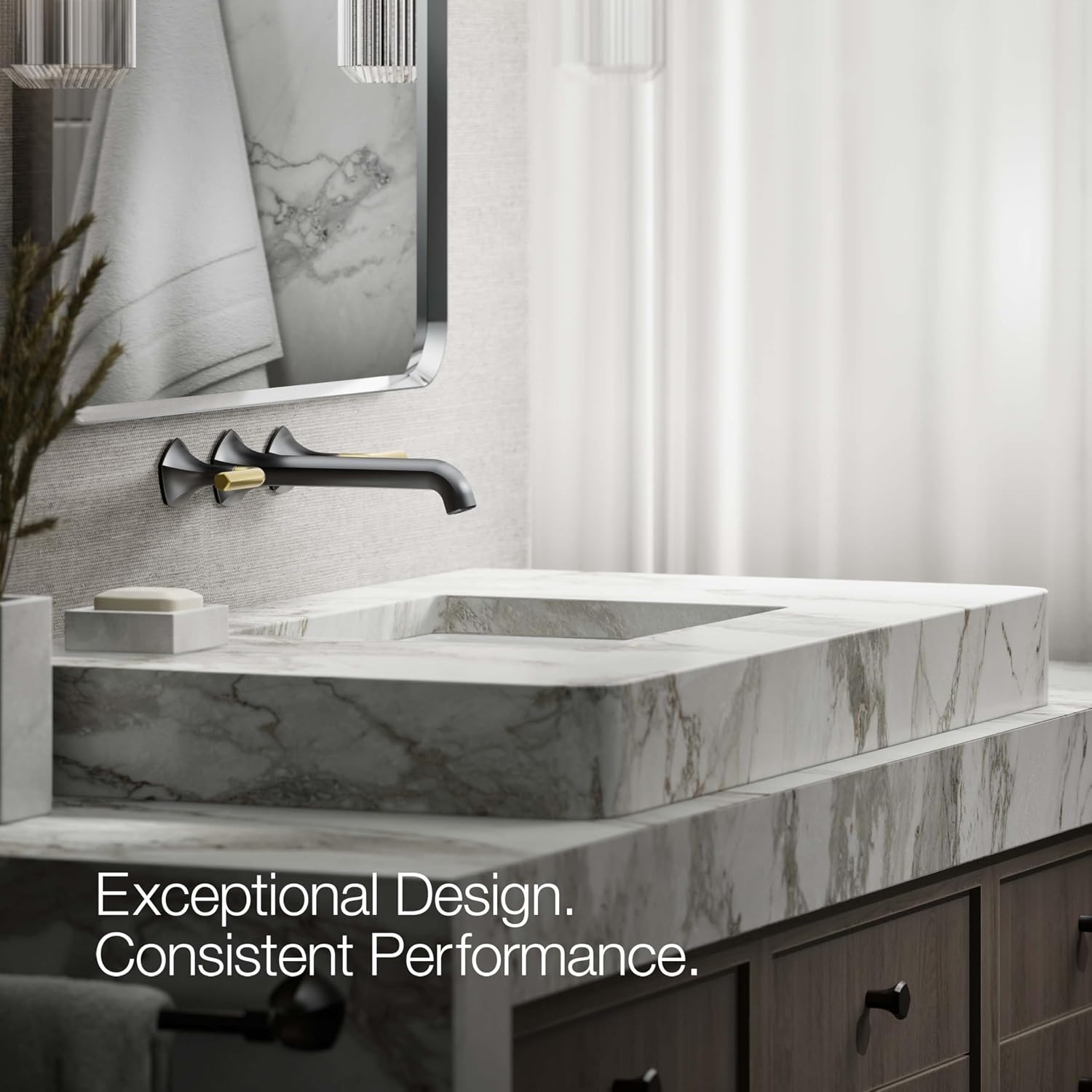 KOHLER T27013-4-BMB Occasion Wall-Mount Bathroom Sink Faucet Lever Handle Trim in Matte Black with Moderne Brass