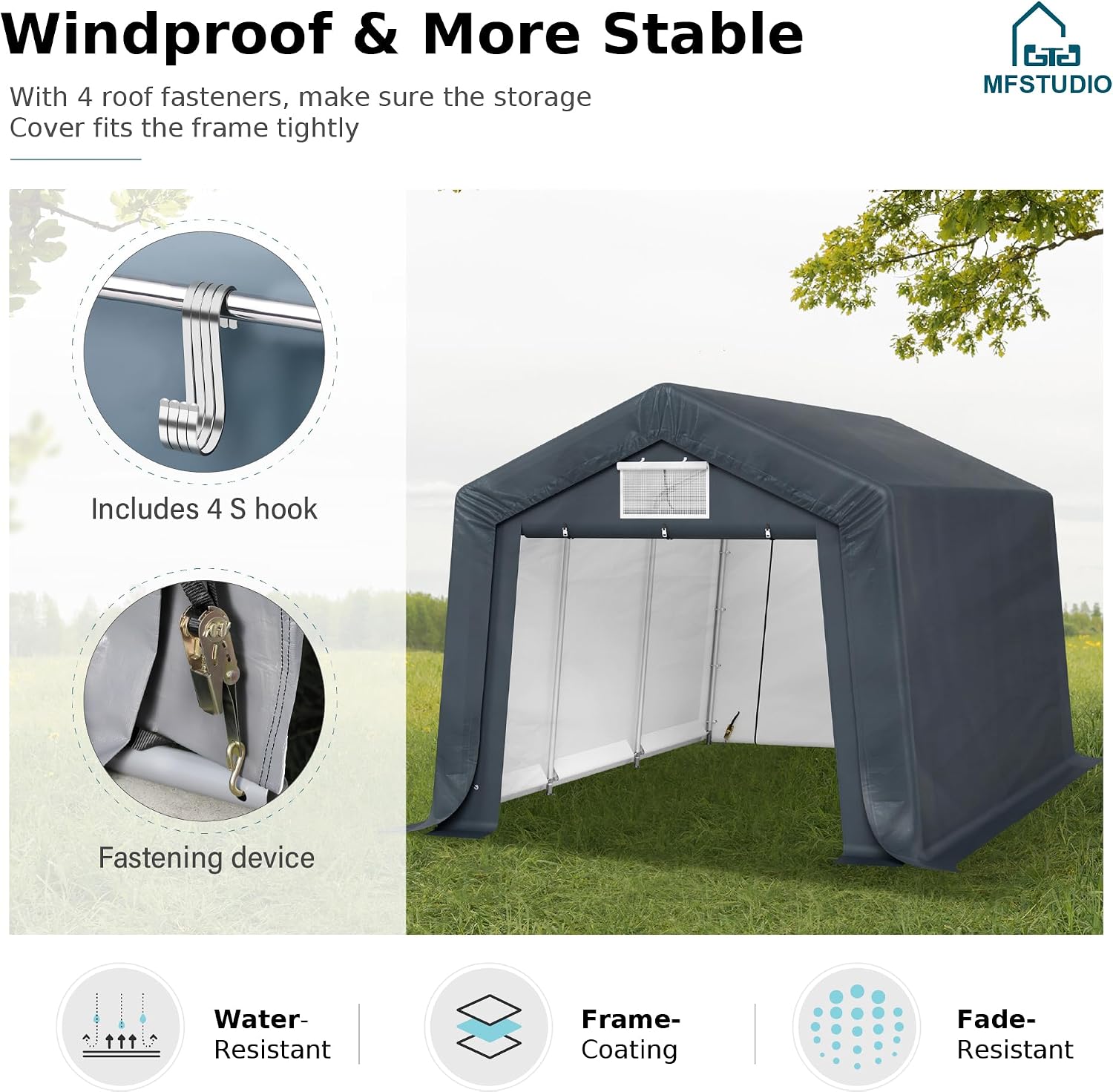 MFSTUDIO 10x15 Portable Carport, Garage Outdoor Portable Storage Shelter Carports with Rolled up Zipper Doors, Garages Sheds Tent for Vehicles, Motorcycle and Outdoor Tools