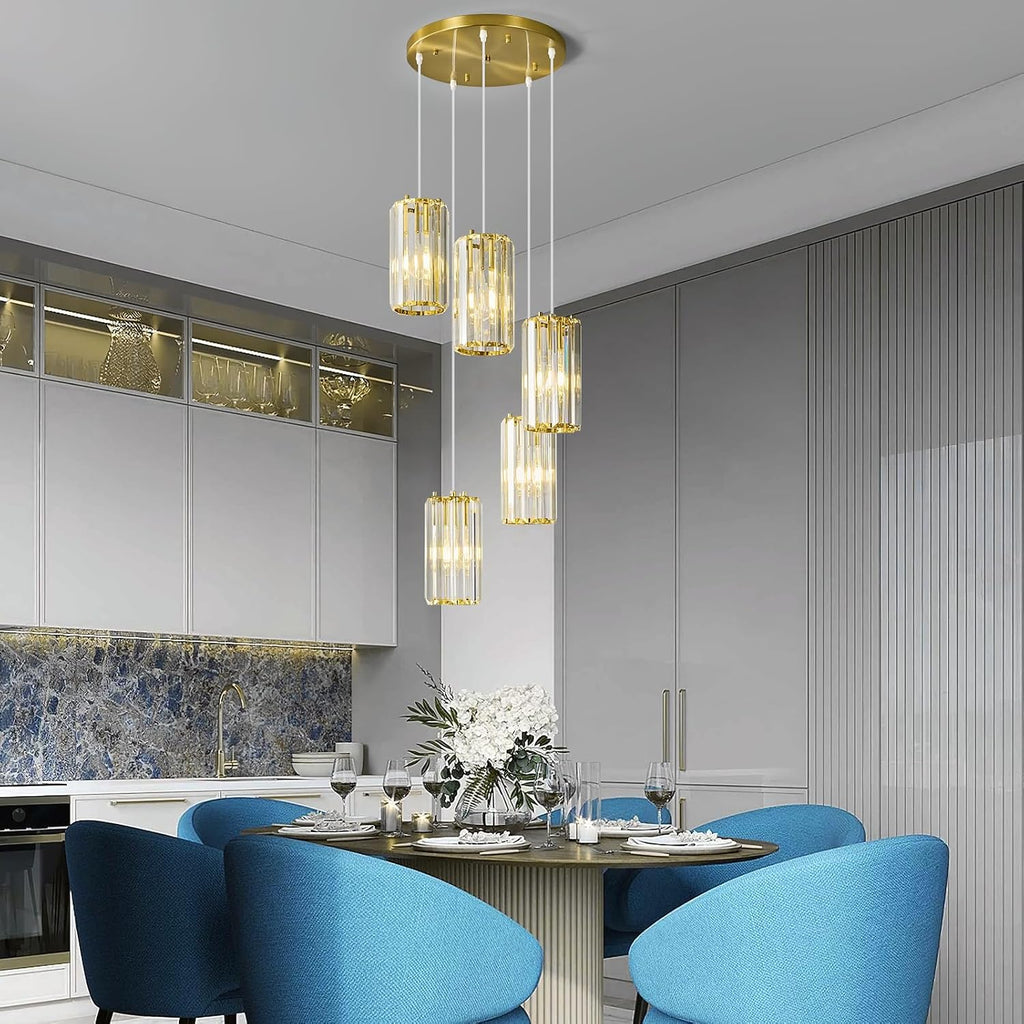 Gold Pendant Lighting Modern Pendant Light, Mini Crystal Chandeliers,Adjustable Pendant Light Fixture for Kitchen Island Dinning Room Corridor Bedroom(Gold 5-Light)