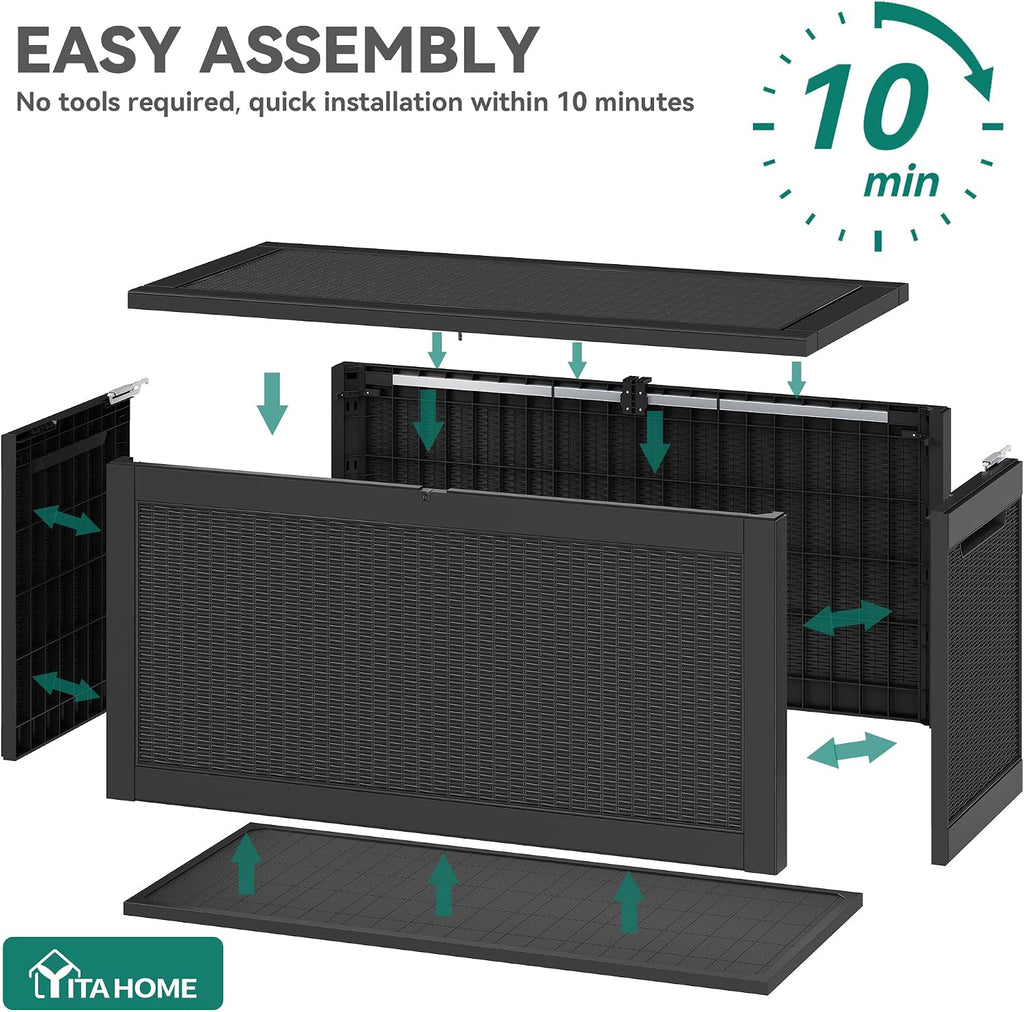 YITAHOME 320 Gallon Outdoor Storage Box, Large Water Resistant Resin Deck Box, Indoor Outdoor Lockable Storage Container for Patio, Garden, Cushions, Tools, Equipment(Black)