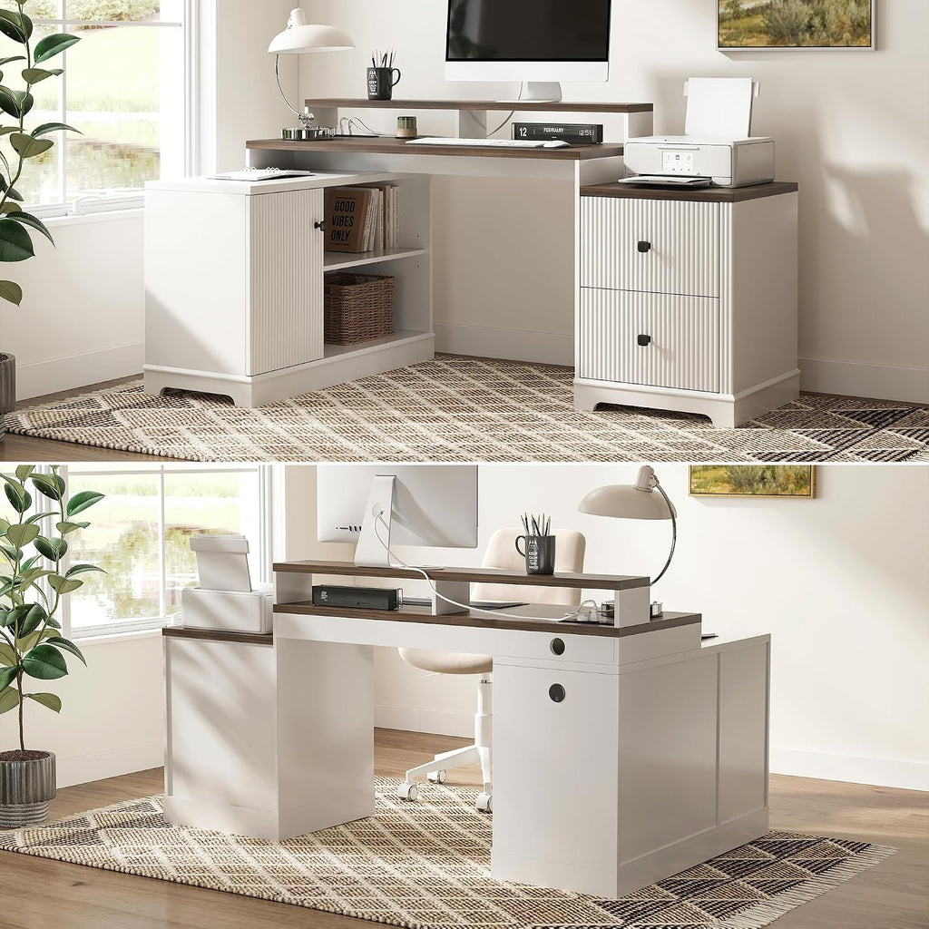 67' L Shaped Executive Desk with Drawers & Storage Shelf, Corner Computer Desk with Power Outlets, Home Office Desk with Monitor Stand, Printer Shelf, Computer Writing Desk for Work, Antique White