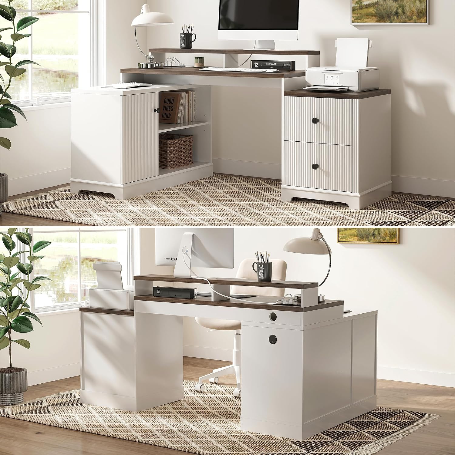 67' L Shaped Executive Desk with Drawers & Storage Shelf, Corner Computer Desk with Power Outlets, Home Office Desk with Monitor Stand, Printer Shelf, Computer Writing Desk for Work, Antique White